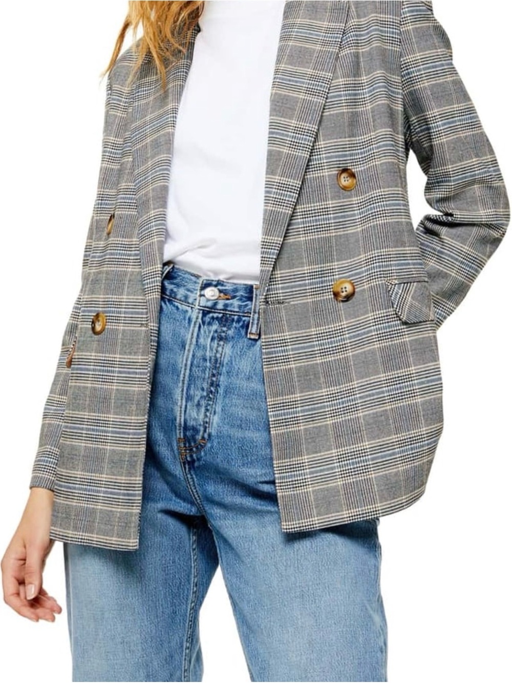 Topshop Checked Double-Breasted Blazer Jacket - Gray Plaid